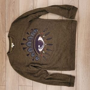 KENZO Paris Dark Green EYE Pattern Embroidered Cotton Womens XS Crewneck Sweater